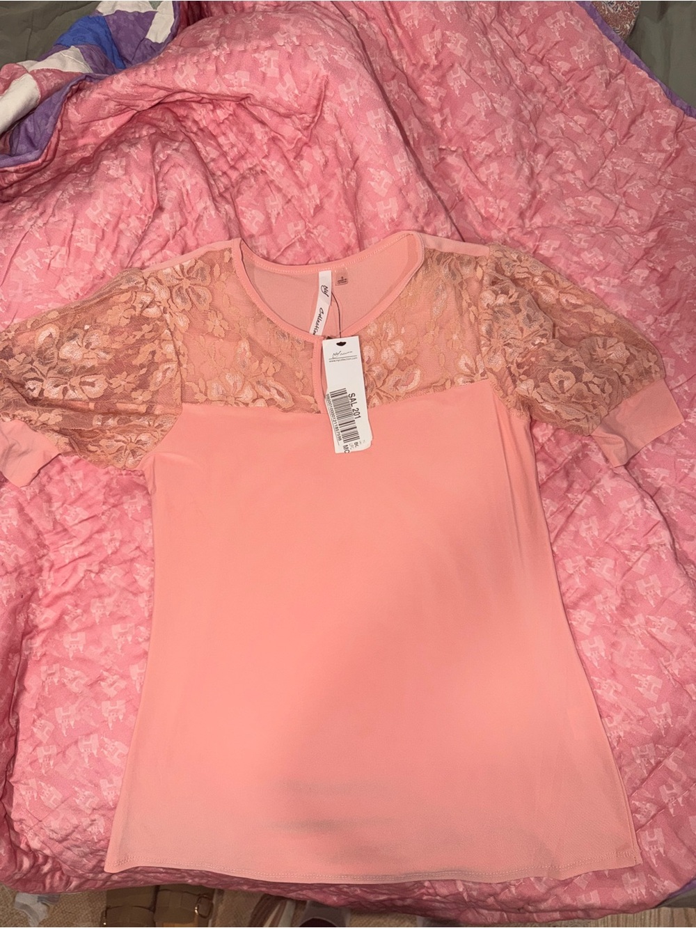 NY Collection Lace Yoke Short Sleeve Top - Light Pink